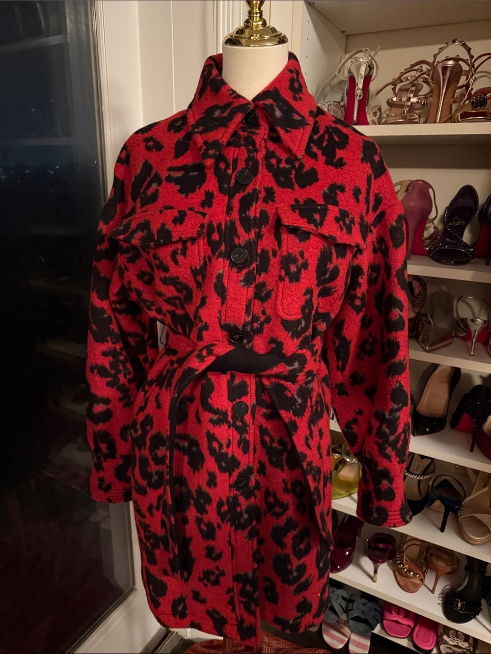 Diane Von Furstenberg Red and Black Leopard-Print Belted Trench Coat